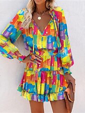 billiga Casual blommiga klänningar-Dam Mini klänning Vardagsklänning Sommarklänning Klänning med tryck Mode Utomhus Helgdag Datum Normal Blommig Långärmad Djup V-hals Gul Kaki Rosenröd Sommar Vår