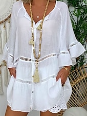 ieftine rochii imprimate din bumbac si in-Pentru femei Rochie Mini Rochii de in bumbac Rochie casual Elegant Epocă Stilat Mânecă evazată Vacanță Casual Zilnic Potrivire Largă Simplu Lungime Manșon 3/4 În V Alb Galben Roșu-aprins Maro Var