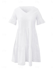 preiswerte Abschlusskleider-Damen Minikleid Weißes Kleid Casual kleid Rüschenkleid Kleid mit Puffärmeln Basic Brautkleider schlicht Urlaub Täglich Regular Fit Glatt Ärmellos V Ausschnitt Weiß Gelb Blau Sommer