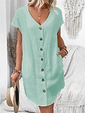 cheap Dresses-Women's Mini Dress Faux Cotton Linen Shift Dress Casual Dress Tank Dress Basic Casual Batwing Sleeve Casual Daily Vacation Loose Fit Plain Short Sleeve V Neck Black White Pink Green Summer Spring