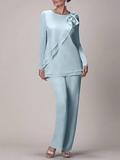 voordelige Broekpakken van mama-Strand Bruiloft Twee Delige Jumpsuit  Pantsuit Moeder van de Bruid Bruiloft Gast Elegante Plus Size Juweel Hals Vloerlengte Chiffon Lange Mouw met Strik(ken) Rimpelingen 2025