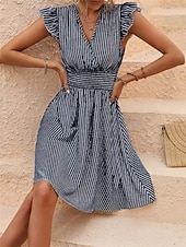 ieftine Rochii Business-Pentru femei Rochie Mini Rochie casual Rochie A line Stilat Casual Vacanță Casual Zilnic Fit regulat Dunga Manșon scurt În V Negru Albastru celest Vară