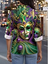 billige Karneval-Karneval Dame Skjorte Grafisk Fritid Langermet Skjortekrage Vanlige topper Arbeid Daglig Knapper Trykt mønster Grønn Vår Høst Vinter