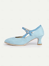 abordables Zapatos Mary Jane-Zapatos Mary Jane vintage azules con tiras en T para mujer: zapatos de tacón medio de gamuza con cierre de hebilla para uso retro, formal y diario