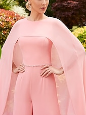 abordables Combinaisons pour maman-Jumpsuit colonne rose bleu formel mère de la mariée mariage élégant vintage col bijou longueur au sol chiffon extensible manches courtes avec ceinture  ruban robe de jour de course