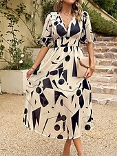 tanie Sukienka Sztuka i Design-Sukienka midi dla kobiet gorsetowa sukienka sukienka w kształcie litery A wakacyjna casual codzienna wakacyjna regularna z grafiką krótki rękaw dekolt w serek czarna jasna zieleń czerwona niebieska