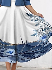 billige Blomsterkjole-Kvinne Midi Kjole Casual Kjole Chiffon Kjole Sving Kjole Elegant Bryllup Ferie Daglig Regular Fit Blomster Halv erme V Hals Blå Sommer Vår Høst