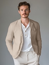 billige Blazere for menn-Herre Lett jakke Blazer i lin utendørs Kontor Daglig Vår sommer Bomull og lin Helfarge comfy Enkeltkneppet Blazer Lysegrønn Navyblå Kakifarget