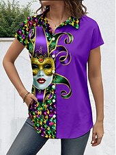 voordelige Carnaval-Carnaval Dames Overhemd Grafisch Dagelijks Korte mouw Kap Overhemdkraag Lange tops Dagelijks Paars Zomer Lente