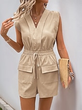 お買い得  ロンパース-女性用 標準 ロンパース 活発的 純色 ノースリーブ Ｖネック ポケット ハイウエスト バケーション 日常 レギュラー カーキ色 夏