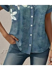 abordables Tops Florales-Camisa de mujer floral gráfica estilosa de playa manga corta cuello blusas regulares estampado de botones azul verano y primavera