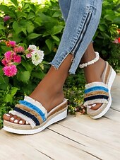 levne Sandály na dovolenou-dámské pruhované třásňové espadrilkové sandály na klínku – pohodlné sandály na platformě pro běžné nošení, pláž a dovolenou