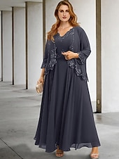 abordables Avec veste-Robe de deux pièces A-Line invitée de mariage robe élégante formalité longueur thé sans manches col en V chiffon avec appliqués 2025 taille personnalisée gratuite