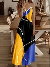 ieftine Rochii cu dungi și geometrice-Pentru femei Rochie Maxi Rochie casual Rochie de Vară Rochie A line Rochie de vară Casual Fluid Vacanță Casual Zilnic Fit regulat Grafic Geometric Bloc Culoare Fără manșon În V Galben Vară Primăvară