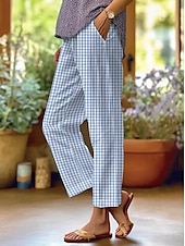 abordables Pantalon droit-Pantalons en Coton Lin pour Femmes Pantalons Amples Similaires au Lin Mode Streetwear Longueur Complète Taille Haute Imprimé Graphique à Carreaux thermique Chaud Respirant Doux Micro-élastique