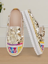 levne Pohodlné sandály-dámské zlaté flitrové tenisky na platformě mules – třpytivé slip-on boty s vyšívanými detaily pro festivaly, párty a street fashion