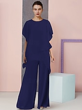 abordables Combinaisons pour maman-Ensemble de deux pièces combinaison  pantalon pour mère de la mariée invitée de mariage élégant grande taille col rond longueur totale chiffon manches courtes avec couleur unie 2025 taille