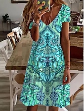 olcso Boho ruhák-Női Mini ruha hétköznapi ruha Elegáns Csehország Szüret Napi Normál Virágos Grafika Boho Paisley Damaszk Rövid ujjú Terített nyak Világoszöld Nyár