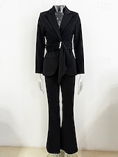 baratos Terninhos de calça da mamãe-Conjuntos de Calça em Dois Peças Mãe da Noiva Elegante Minimalista Gola de Camisa Comprimento Total Tecido Stretch Manga Longa com Ruffles Cor Sólida 2025