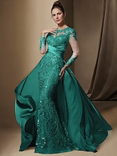 economico BLU-Abito da festa sirena Madre della Sposa Abito Ospite di matrimonio Elegante Collo gioiello Treno a strascico  spazzola Stretch raso Manica lunga con pizzo paillettes arricciato per impressionare 2025