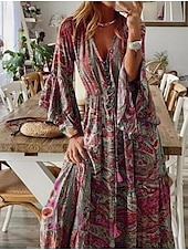 cheap Boho Dress-Women&#039;s Maxi Dress Casual Dress Swing Dress A Line Dress Boho Dress Casual Daily Regular Fit Floral Long Sleeve V Neck Red Blue Purple Orange Summer Spring Fall