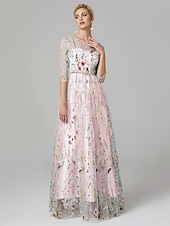 economico FLORALI-Matrimonio in Spiaggia Abito da Sera A-Line Elegante Vestito Ospite di Matrimonio Lunghezza A Terra Manica 3/4 Collo Illusione Pizzo con Ricamo 2025