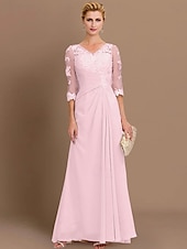 economico Lunghezza del pavimento-ts beach wedding a-line madre della sposa abito da sposa invitata elegante taglie forti trasparente scollo a V lunghezza pavimento chiffon mezza manica con applicazioni drappeggio laterale 2025