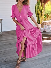 cheap Casual Dress-Women&#039;s Maxi Dress Casual Dress Swing Dress A Line Dress Casual Vacation Daily Regular Fit Plain Short Sleeve V Neck Black Navy Blue Fuchsia Green Summer