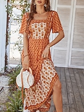 tanie Wakacyjne sukienki-Damskie Sukienka maxi Codzienne sukienki Sukienka rozkloszowana Sukienka A line Elegancki Codzienny Urlop Codzienny Regularny Kwiaty Krótki rękaw Kwadratowy dekolt Żółty Rumiany róż Pomarańczowy