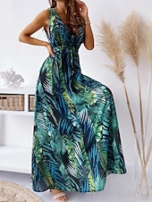 abordables Robes de vacances-Femme Robe Maxi Robe casual mode Décontractées Vacances Casual du quotidien Standard Graphic Sans Manches Col V Noir Blanche Bleu Vert Eté Printemps
