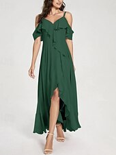 cheap Bridesmaid Dresses-A-Line Bridesmaid Dress V Neck / Spaghetti Strap Short Sleeve Elegant Asymmetrical Chiffon with Split Front / Ruching