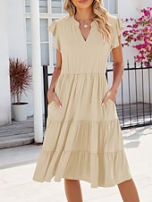preiswerte Blumenkleider-Damen kleid lang Casual kleid Elegant Stilvoll Basic Urlaub Arbeit Casual Regular Fit Glatt Kurzarm V Ausschnitt Dunkel Braun Rosa Dunkelgrün Aprikose Sommer Frühling