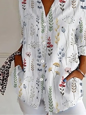 preiswerte Blumenblusen-Damenbluse aus leinenähnlichem atmungsaktivem leichtem knöpfbarem Tunika-Shirt mit Kragen langen Ärmeln floralem Grafikdesign täglich stilvoll retro vintage regelmäßige Tops Alltag Urlaub Ausgehen