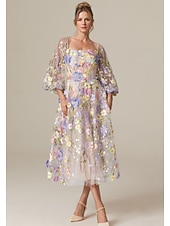 cheap Cocktail Dresses-Floral Embroidered A-Line Formal  Mother of the Bride Dress Wedding Elegant Vintage Square Neck Ankle Length Tulle Long Sleeve with Appliques Flower 2025
