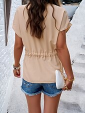 cheap Plain tee-Women&#039;s Shirt Blouse Solid Color Stylish Casual Short Sleeve Notched Neck Regular Tops Daily Buttons Drawstring Black Wine Blue Green Beige Summer