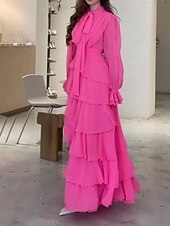 Недорогие Шифоновые платья-Жен. Длинное платье Коктейльные платья Свадебное платье для гостей Шифоновые платья Многослойное платье Классический На каждый день Отпуск Повседневные Стандартный Полотняное плетение Длинный рукав