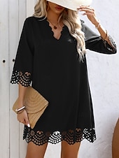 preiswerte schwarzes Minikleid-Damen Minikleid schwarzes kleid Freizeitkleid Cocktailkleid Abendkleid Basic Lässig Urlaub Täglich Normale Passform Einfach Dreiviertelarm V Ausschnitt Schwarz Rote Blau Sommer