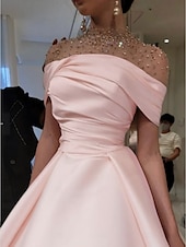 preiswerte Sekt-A-Linie Abendkleid Elegantes Kleid Formal Bodentiefe Kurzarm Illusion Ausschnitt Satin mit Raffung Perlen
