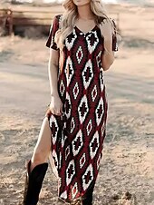 abordables Robes Rayés et Géométriques-Femme Robe Maxi Robe t-shirt Robe d&#039;été Robe de sport Décontractées Vacances Casual du quotidien Standard Graphic Manche Courte Col V Noir Eté