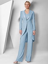 cheap Mom&#039;s Pant Suits-Pantsuit 3 Piece Mother of the Bride  Elegant V Neck Floor Length Stretch Fabric Long Sleeve Wrap Included with Solid Color 2025