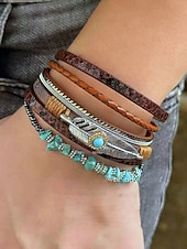 baratos Pulseira Feminina-Pulseira magnética de couro boho e turquesa - design ajustável em várias camadas com penas e pedras preciosas, perfeita para estilos casuais, de verão e festivais