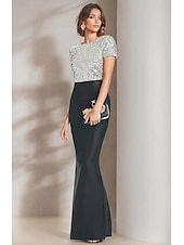 cheap BLACK-Mermaid / Trumpet Evening Gown Elegant Dress Formal Evening Party Floor Length Short Sleeve Crewneck Satin with Glitter 2025