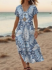 tanie Sukienki boho-Damskie Sukienka maxi Codzienne sukienki Sukienka A line Elegancki Codzienny Urlop Codzienny Regularny Kwiaty Krótki rękaw W serek Czerwony Niebieski Pomarańczowy Zielony Lato Wiosna