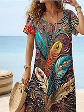 olcso Művészet és Design Ruha-Női Maxiruha hétköznapi ruha Boho elegáns ruhák Csehország aranyos stílus Stílusos Vakáció Napi Tengerpart Normál Grafika Rövid ujjú Terített nyak Gesztenyebarna Nyár Tavasz