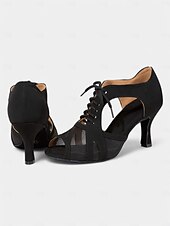 economico Scarpe per balli latini-scarpe da ballo nude con lacci e ritagli in rete – punta aperta, tacco medio per donna – perfette per lezioni di danza e spettacoli