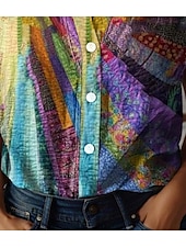 preiswerte Damen Streifen- und geometrische Oberteile-Damenhemd V-Ausschnitt Button-Down Bluse Floral Elegant Vintage Tropisch Kurzarm Hemd Kragen Reguläre Oberteile Täglich Knöpfe Druck Regenbogen Sommer