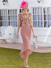 abordables Longueur du thé-Robe mère de la mariée florale formelle en dentelle brodée verte et rose robe élégante vintage col bijou asymétrique longueur thé tissu extensible demi-manches robe de course