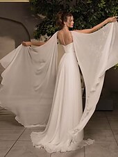 baratos vestidos de casamento casuais-Vestidos Casuais de Noiva A-Line Decote Profundo Sem Mangas Cauda Cortante Chiffon Trajes de Noiva Vestidos Com Fenda Com pedrarias Pregas Frufru
