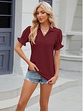cheap Lace Tops-Women&#039;s Boho T-shirt Plain Bohemia Cute Stylish Short Sleeve Puff Sleeve V Neck Shirt Collar Regular Tops Daily Going out Weekend Ruffle Eyelet Sage Green Black White Pink Wine Summer