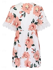 tanie Sukienki kwiatowe-Damskie Sukienka mini Sukienka gorsetowa Sukienka A line Sukienka z falbanami Sukienka z bufiastymi rękawami Urlop Elegancki Codzienny Urlop Codzienny Regularny Kwiaty Krótki rękaw W serek Biały